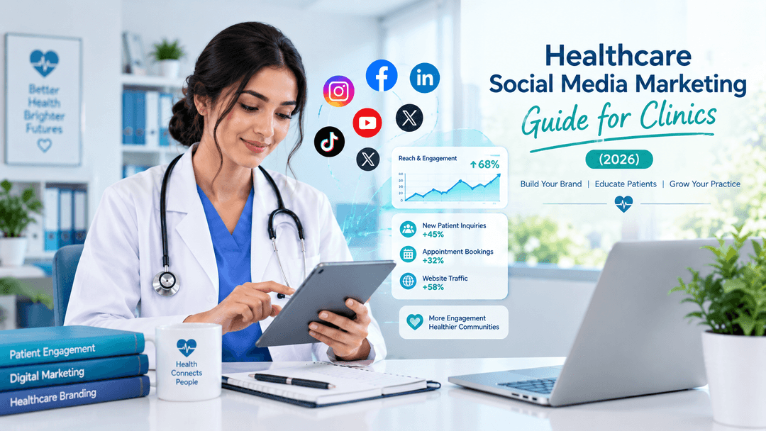 Healthcare social media marketing guide for clinics featuring a doctor using a tablet and digital analytics.