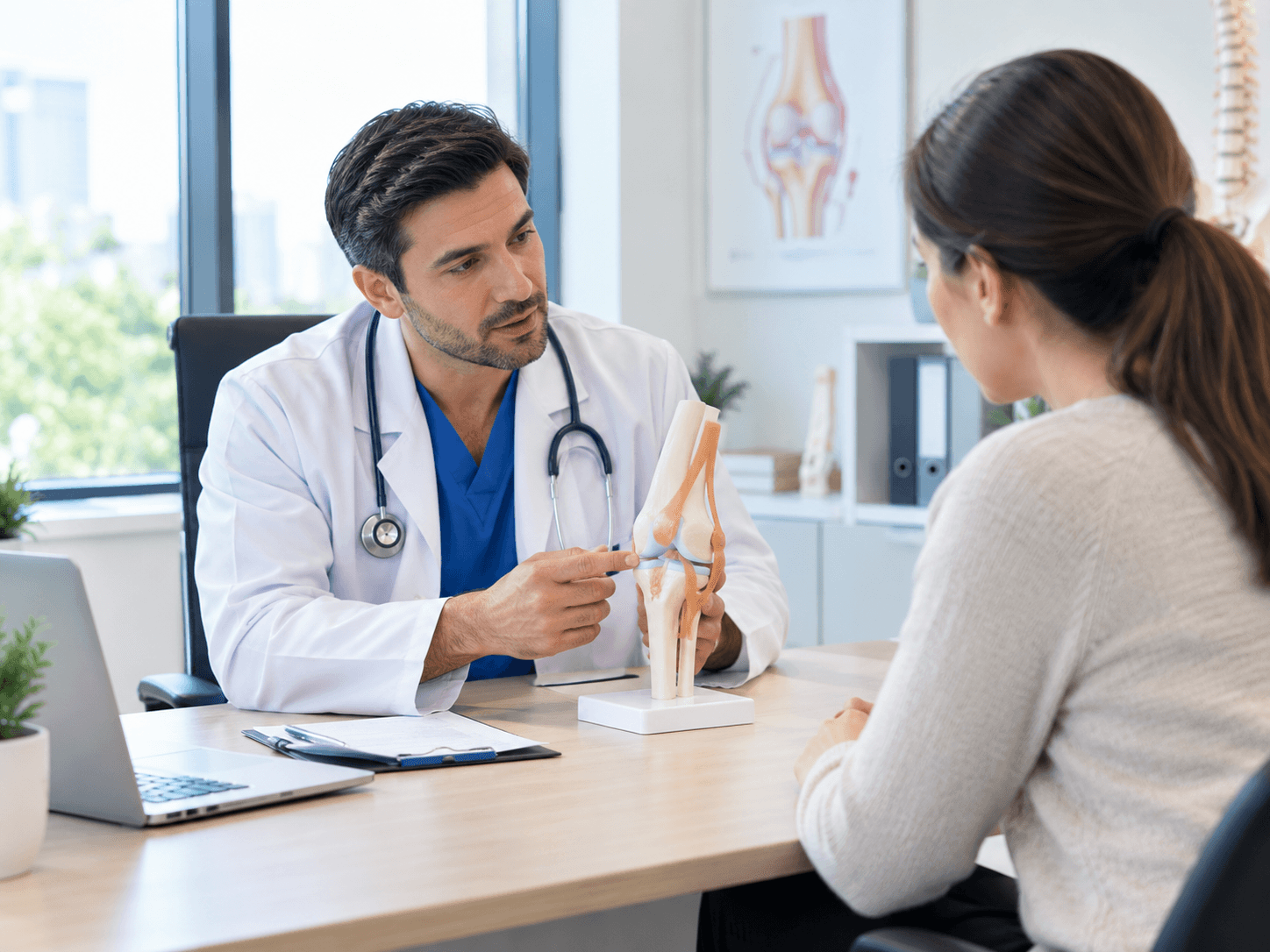 Orthopedic doctor explaining knee anatomy to a patient