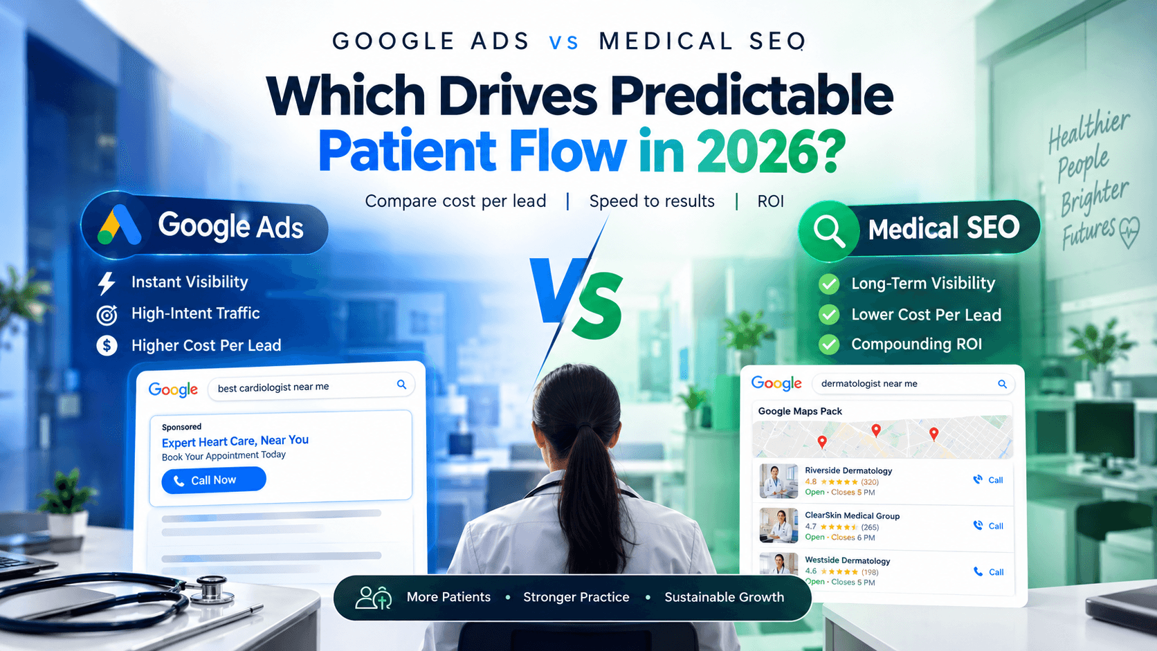 Google Ads vs medical SEO in 2026 comparison showing patient acquisition, cost per lead, search visibility, and long-term ROI for healthcare practices.