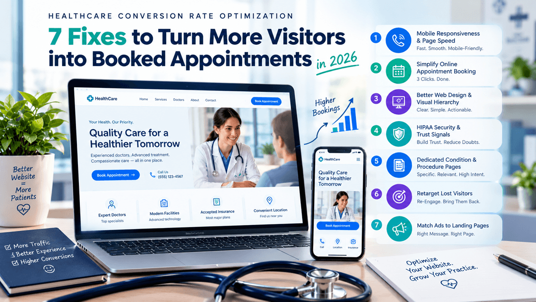 Healthcare conversion rate optimization showing seven ways to improve medical website performance, simplify online appointment booking, build patient trust, and increase booked appointments in 2026.