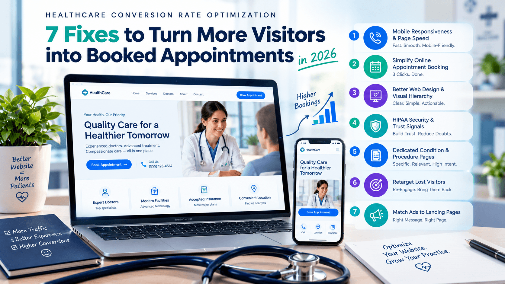 Healthcare conversion rate optimization showing seven ways to improve medical website performance, simplify online appointment booking, build patient trust, and increase booked appointments in 2026.