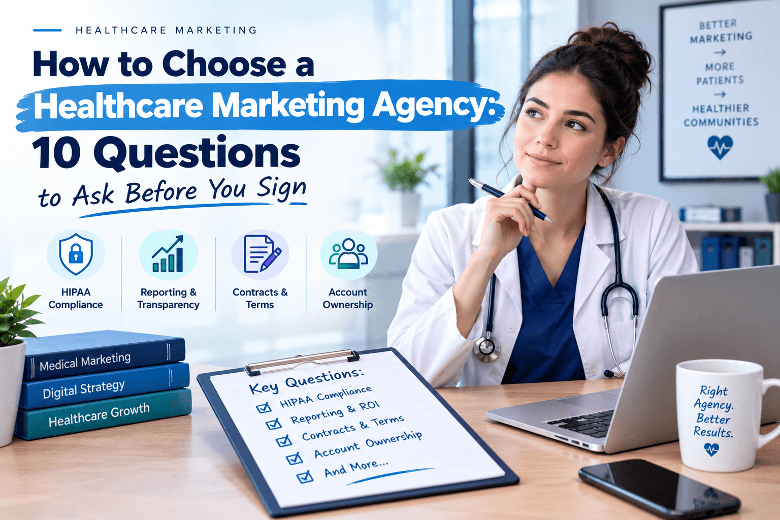 Healthcare marketing agency selection guide featuring a doctor and a checklist for HIPAA compliance, reporting, contracts, and account ownership.