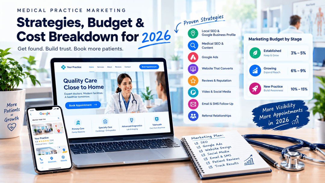 Medical practice marketing in 2026 featuring healthcare SEO, Google Ads, website design, patient reviews, and marketing budget strategies to increase clinic appointments.